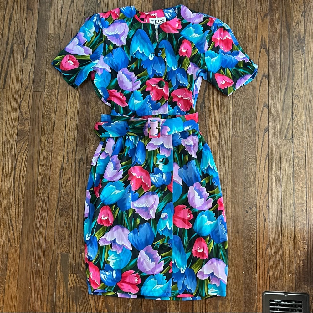 Vintage 80s Tess Dress Belted Bright Floral Midi Dress 8 petite